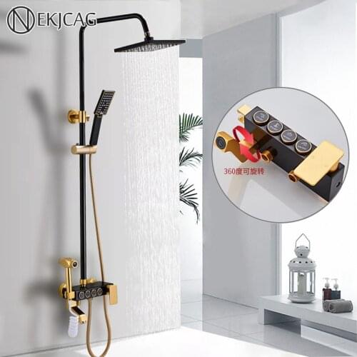 Black Gold Bathroom Shower Faucet Set 8'' Rainfall Shower Head Space Aluminum Faucets With Bidet Hot Cold Water Mixer Tap