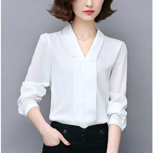 Large Size Commuter Sunscreen Chiffon Shirt Womens Blouse Long Sleeve Turn-down Collar Solid White Red Black Color Blouse