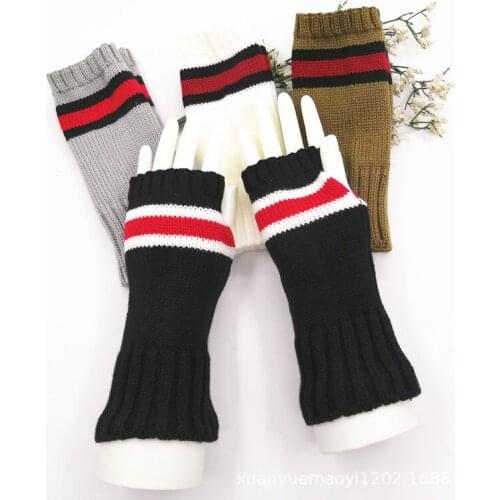 Womens Thermal Gloves Woolen Warm Fashion Flat Color Striped Half-finger Arm Gloves Women Warm Short Knitted Winter Gloves