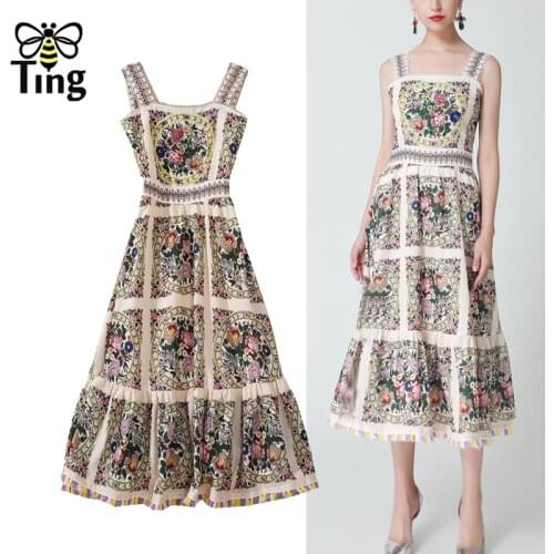 Tingfly 2021 Desinger Vintage Floral Strap Midi Long Summer Dress Women Casual Street Boho Sundress Large Size Haut Robes Zaful