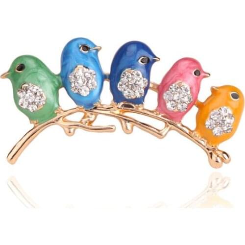 10pcs/lot Cute Five Colorful Birds Brooches For Women Animal Pins Rhinestone Jewelry Wedding Brooch Gifts