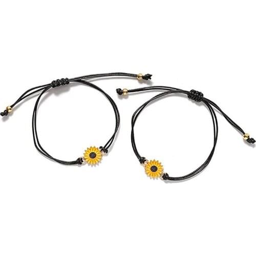 2pcs/set Creative Sunflower Bracelet Fashion Handmade Braided Rope Chain Enamel Sun Flower Bracelet For Couples Best Friends