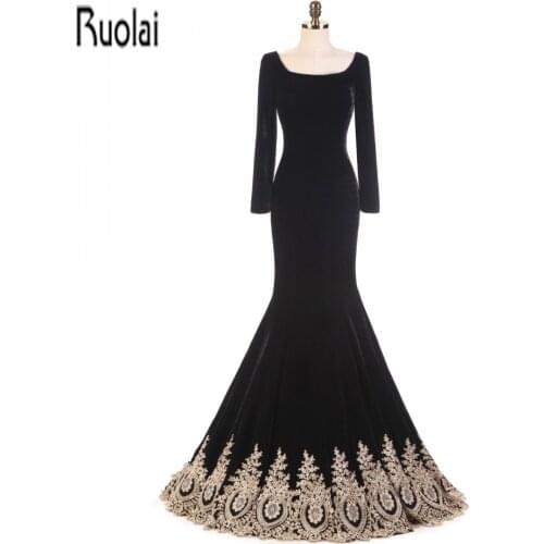 2017 New Arrival Long Sleeves Gold Lace Appliques Black Mermaid Formal Velour Evening Dresses Custom Made For Wedding Party