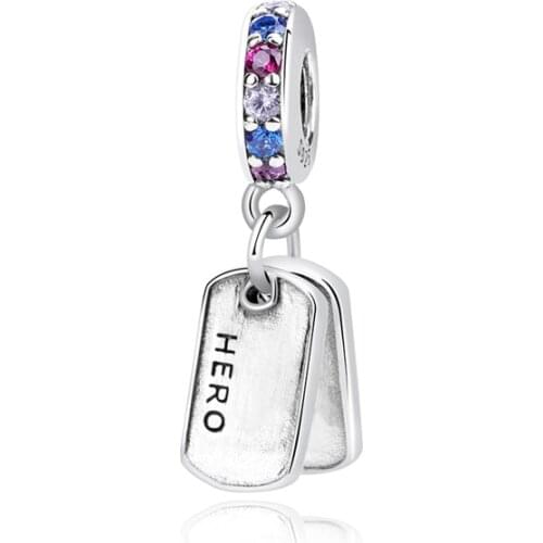 2019 New Original 925 Sterling Silver Bead Hero Dog Tag Dangle Rainbow CZ Charm Fit Pandora Bracelet Bangle DIY Women Jewelry