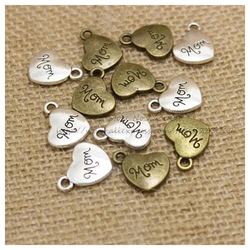 30 pieces/lot) 14*17mm Antique Alloy Heart Engraving letters Mom Charm Jewelry Findings T0204