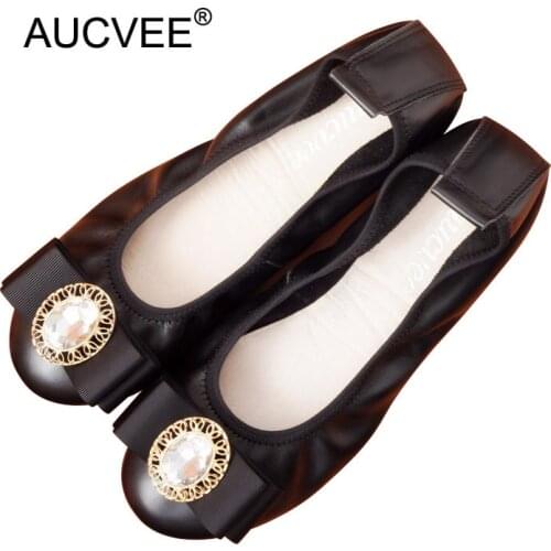 Natural Skin Ballerinas New Crystal Bow Decoration Ladies Genuine Leather Flats Comfortable Soft Slip On Loafer Shoes For Women