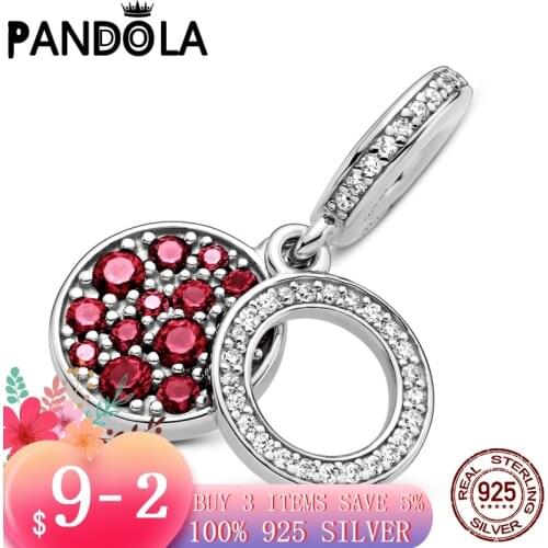 Hot 100% 925 Sterling SILVER charms Sparkling Red Disc Double Dangle Charm fit Original Pandora Bracelet silver 925 jewelry
