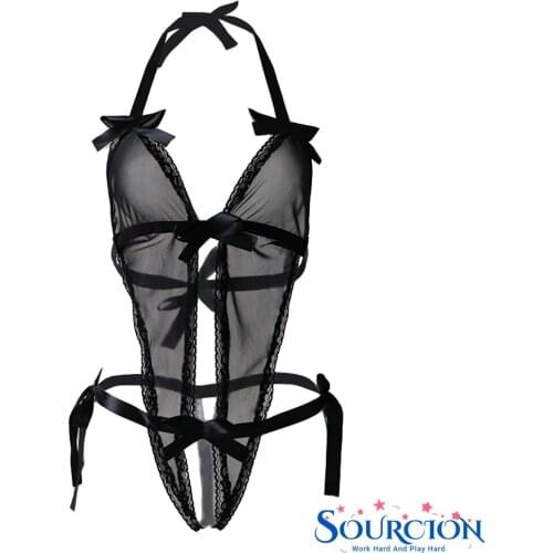 SWT Hot Sexy Lingerie V-Neck Black Lace Transparent Sleepwear Babydoll Spliced Erotic Lingerie Costumes Temptation Dress