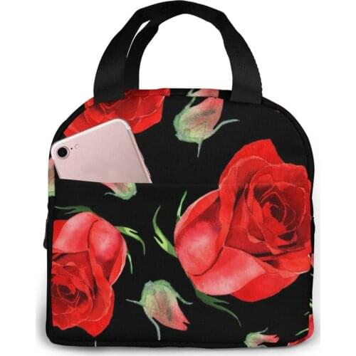 Insulated Lunch Bag Thermal Red Rose Flowers Tote Bags Cooler Picnic Food Lunch Box Bag For Kids Women Girls Men Children