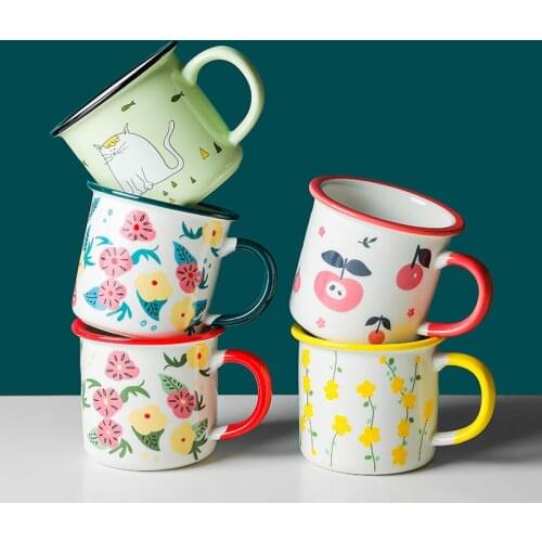 Nordic Ceramic Retro Coffee Mug Simple Small Flower Office Teacups Creative Imitation Enamel Milk Juice Cup Household Drinkware