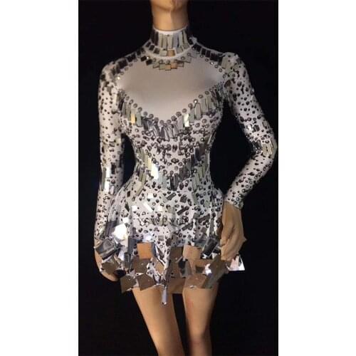 Short Shining Silver Mirrors Stone Dress Female Singer Dancer Bright Bodysuit Costume One-piece Nightclub Oufit Party Dresses
