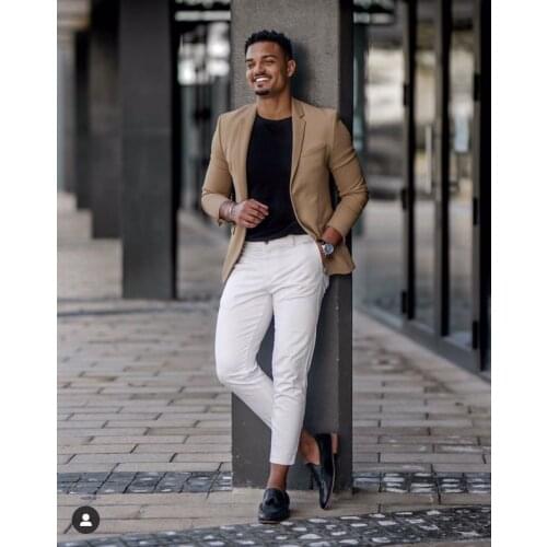 Khaki Jacket White Pant Costume Homme Slim Fit Men Suits Wedding Tuxedos Groom Business Party Prom Best Men Blazer Masculino