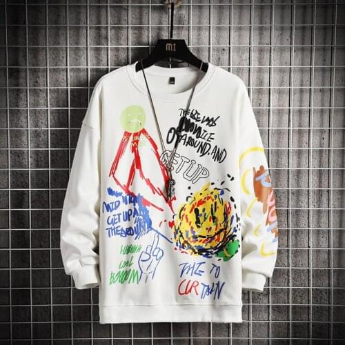 GlacialWhale Mens Crewneck Sweatshirt Men Graffiti Oversized Japanese Streetwear Hip Hop White Hoodie Men Sweatshirts Hoodies