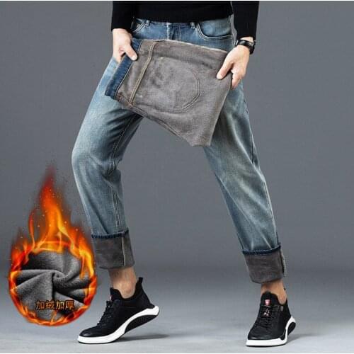Mens Winter Warm Jeans Fleece Thick Jeans Solid Color Casual Mens Straight Loose Blue Long Jeans Fashion Mens Jeans 40