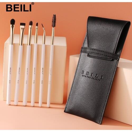 BEILI 6 Pcs White Makeup Brushes Set Eyebrow Professional Blending Shader Lip Liner Eye Makeup Brush And Cosmetic Bag For Travel