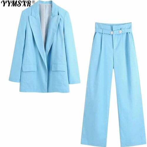 2021 Fall New Womens Linen Suit Jacket Pants 2-Piece Set All-match Loose Long-sleeved Office Jacket + Belt Wide-leg Pants