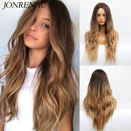 JONRENAU Long Synthetic Natural Wave Brown to Golden Blonde Ombre Hair Wig Daily Wear Wigs for White /Black women