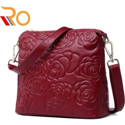 Embossed Camellia Shell Shoulder Bag, Women Genuine Leather Messenger Bag, Casual 100% Natural Cow Skin Cross-body Bag
