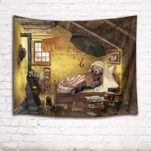 Vintage Bear Tapestry Log Cabin Messy Bedroom Old Shabby Book Hat Towel Umbrella Wall Hanging
