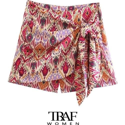 TRAF Za Women Fashion With Knotted Totem Print Shorts Skirts Vintage High Waist Side Zipper Female Skirts Mujer