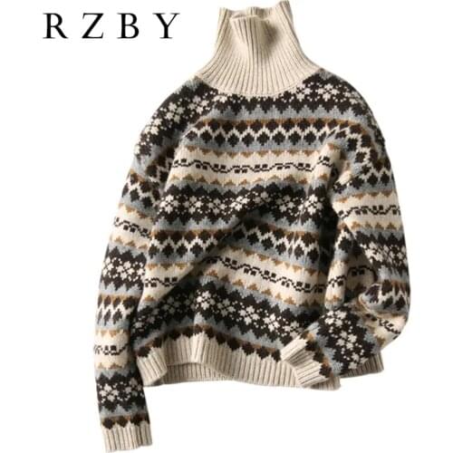 Jacquard thick warm Women wool sweater autumn and winter high collar loose Elegant Warm Knitted Pullovers Fashion Tops Knitwear