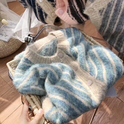 2021 Autumn and Winter Womens Korean Fashion Striped Knitted Cardigan Sweater Round Neck Thick Outer Wear Short Sweater Jacket