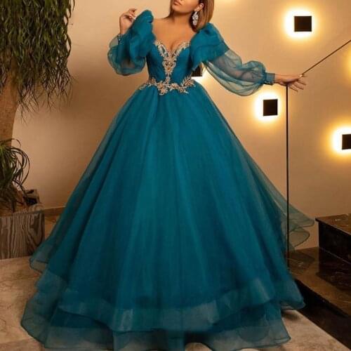 Teal Long Tulle Evening Dress 2021 Ball Gown Gold Appliques Long Sleeves Prom Formal Wedding Party Dresses Robe De Soiree