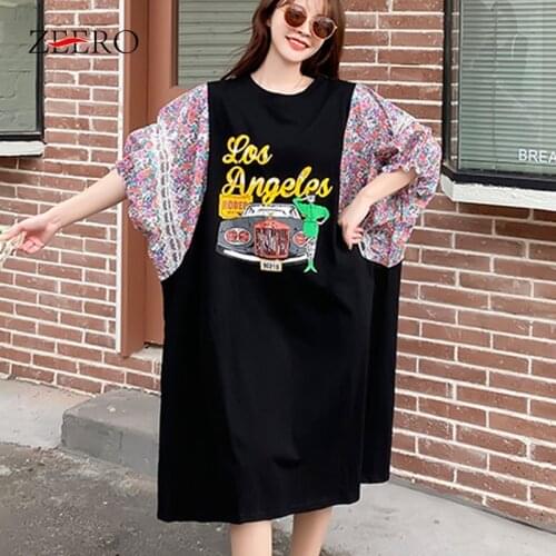 Plus Size Colthing Korean Vintage Print Lace Splicing Batwing Sleeve Loose Dresses for Women Summer Midi Dress Vestido De Mujer