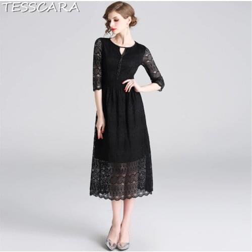 TESSCARA Women Elegant Black Beading Lace Dress Festa Female High Quality Vintage Designer Vestidos Office Party Robe Femme