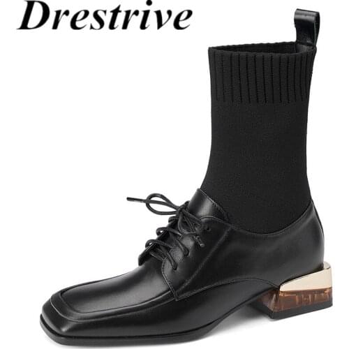 Drestrive Cow Leather Square Toe Women Ankle Sock Boots Stretch Fabric Lace Up Thick Low Heels Black 2021 Winter Shoes