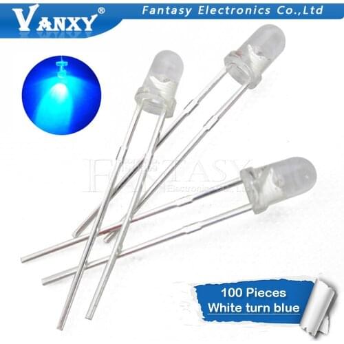 100pcs blue light emitting diodes White turn blue 3mm led