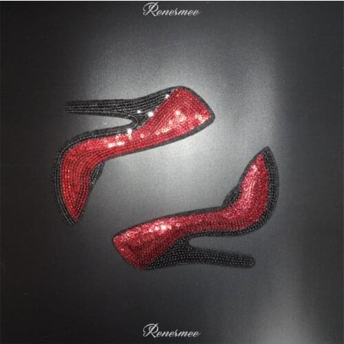 2 Pair Embroidery Sew Iron on Patch Badge Clothes Fabric Transfers Lace Trim Applique Sequins High heels DIY Accessories 10X15cm