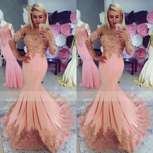 2020 Illusion Scoop Neckline Lace With Pearls Mermaid Prom Dresses Long Sleeve vestidos de graduacion Evening Dress Party Gowns