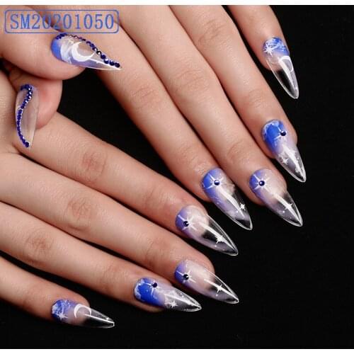 24Pcs/Set Star Moon Print Fake Nail Patch Blue Rhinestones Inlaid Long Paragraph Nail Art Accessories Fashion Manicure Sticker
