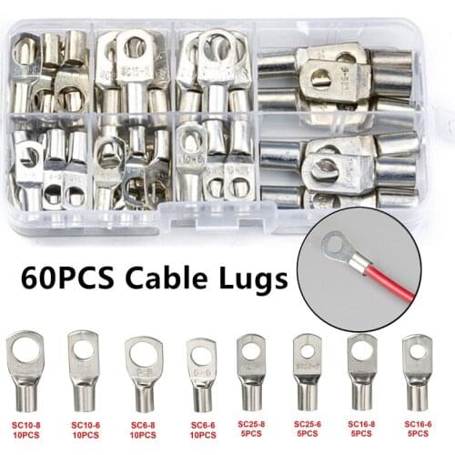 60PCS SC Bare Terminals lugs Tinned Copper Tube Lug Ring Seal Battery Wire Soldered Connectors Bare Cable Crimped Terminal Kit