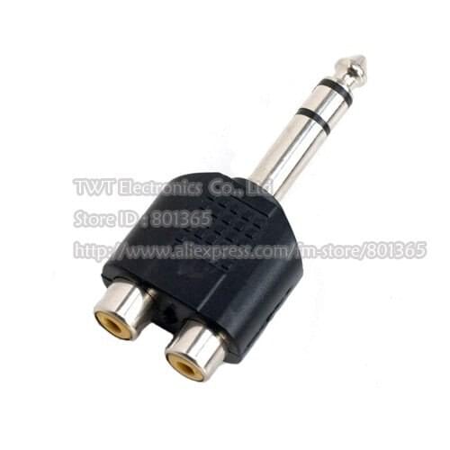 Free shipping 5pcs New 1/4" 6.35mm Stereo Male to 2 x dual RCA Female Adapter