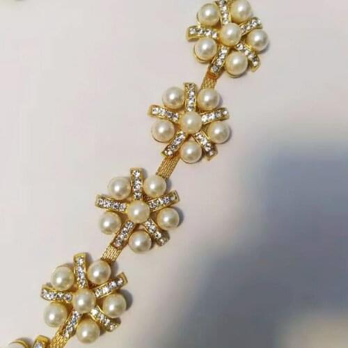 Free Shipping 5 yards Pearl Rhinestone Trim For Wedding Gown Bridal Applique Rhinestone Chain LSRT12201