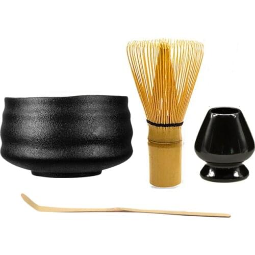 Elegent Crude Matte Black Ceramic Chawan Kiln Glazed Handmade Japanese Matcha Bowl Bamboo Whisk Holder Scoop Gift Kit