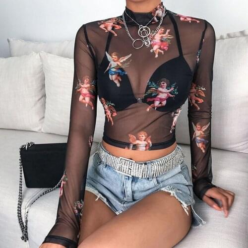 Sexy Women T Shirt See Through Transparent Mesh Tops Long Sleeve Sheer Slim Ladies Turtleneck T-Shirt New Arrival Women tshirt
