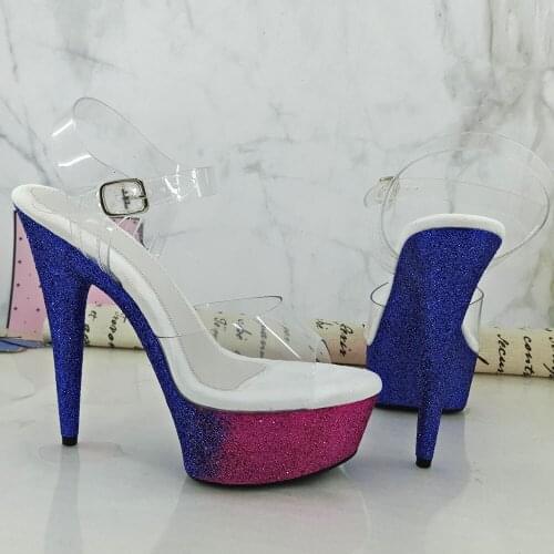Leecabe 15CM/6Inch Blue with Pink Glitter lady Platform party High Heels Shoes Pole Dance Shoes
