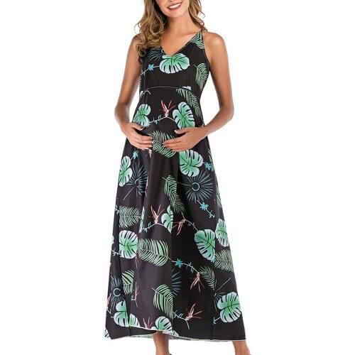 Pregnant Woman Dresses Summer Round Sleeveless Leaves Print Sling Maternity V-neck Fashion Dress Casual Floral Nursing Dress