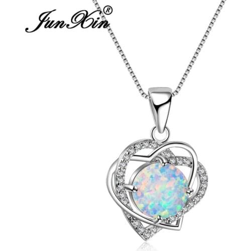 Cute Love Heart Pendants Necklaces For Women White Fire Opal Necklace Round Zircon Rainbow Birthstone Choker Wedding Jewelry