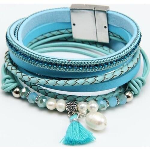 New Braid Leather Bracelet For Women Fashion Magnetic Buckle Multilayer Wrap Pearl Crystal Tassel Bracelet Bangle Jewelry Gift