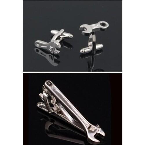 WholeSale 5sets/lot Wrench Cufflinks + Tie Clip Sets Hand Tool Cuff link Tieclip Tiebar Copper Brass High Quality Jewelry gifts