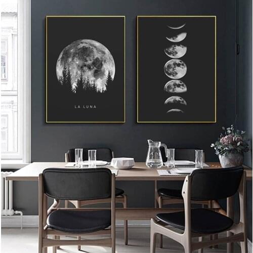 Minimalist Full Moon Poster Art Black White Moon Phases Prints Solar System Canvas Picture Painting Decoration for Living Room