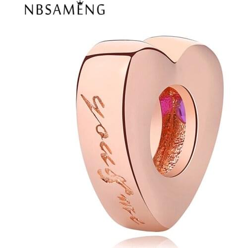 Authentic 925 Sterling Silver Charm Bead Heart Rose Gold Spacer Crystal Charms Fits Bracelets Women DIY Jewelry