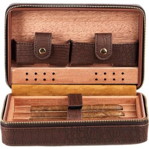 Portable Cigar Humidor Case Cedar Wood Antique Crocodile Pattern Cigar Travel Leather Humidor Box Removable Cedar Tray