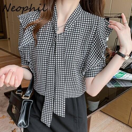 Neophil England Style Plaid Summer Women Shirts Bow Collar Short Sleeve Ruffles Korean Lady Office Elegant Blusa Feminina B21553