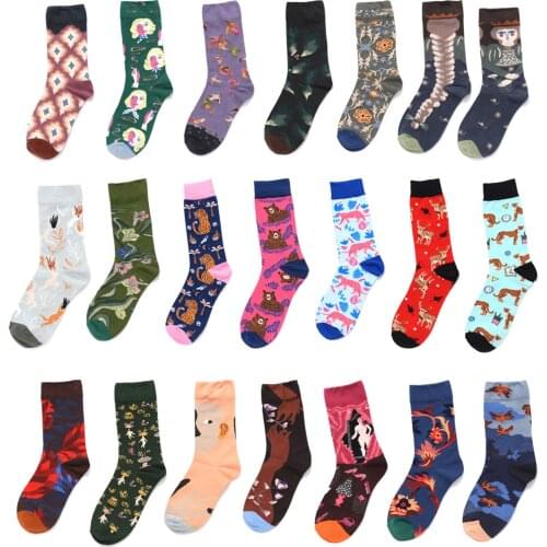 Funny Middle Short Crew Cotton Socks Cartoon Woman Smoker Bear Two Face Double Faced Man Cheetah Lattice Cartoon Print Sheep Sox
