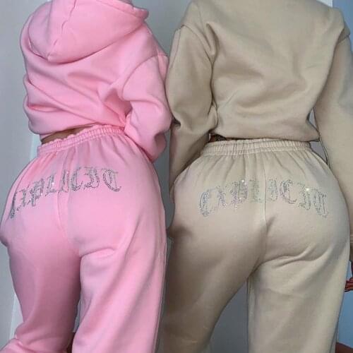 Diamond Rhinestones Tracksuit Womens Set Oversize Hoodies Sweatshirt Sweatpants Sport Pant Suits Femme Outfits Sweatsuits